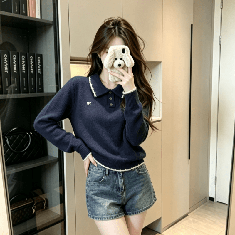 실사 양 털털 의류 여성 의류 가을 겨울 새로운 가시 자수 루즈핏 누출 POLO 칼라 보온 니트 스웨터 상세 이미지 7