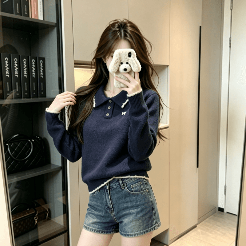 실사 양 털털 의류 여성 의류 가을 겨울 새로운 가시 자수 루즈핏 누출 POLO 칼라 보온 니트 스웨터 상세 이미지 8