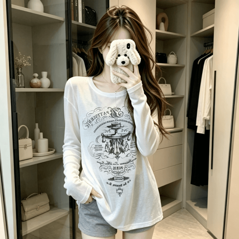 실사 아메리칸 레트로 느긋한 바람 알파벳 프린트 얇은 스타일 시스루 자외선 차단 티셔츠 여성 루즈핏 긴팔 에어컨 블라우스 이미지 3