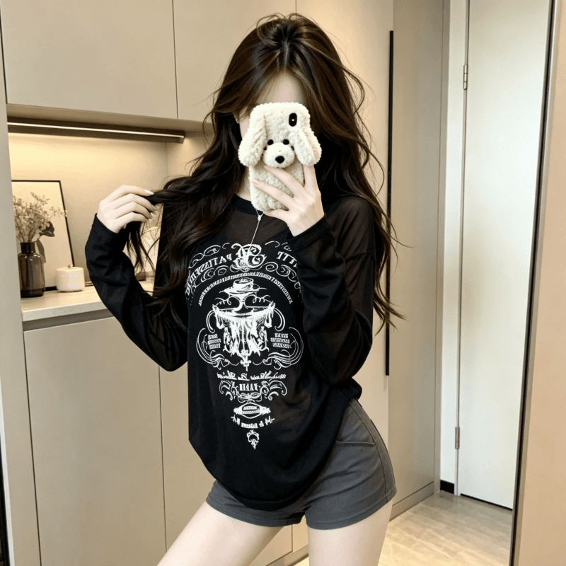 실사 아메리칸 레트로 느긋한 바람 알파벳 프린트 얇은 스타일 시스루 자외선 차단 티셔츠 여성 루즈핏 긴팔 에어컨 블라우스 이미지 4