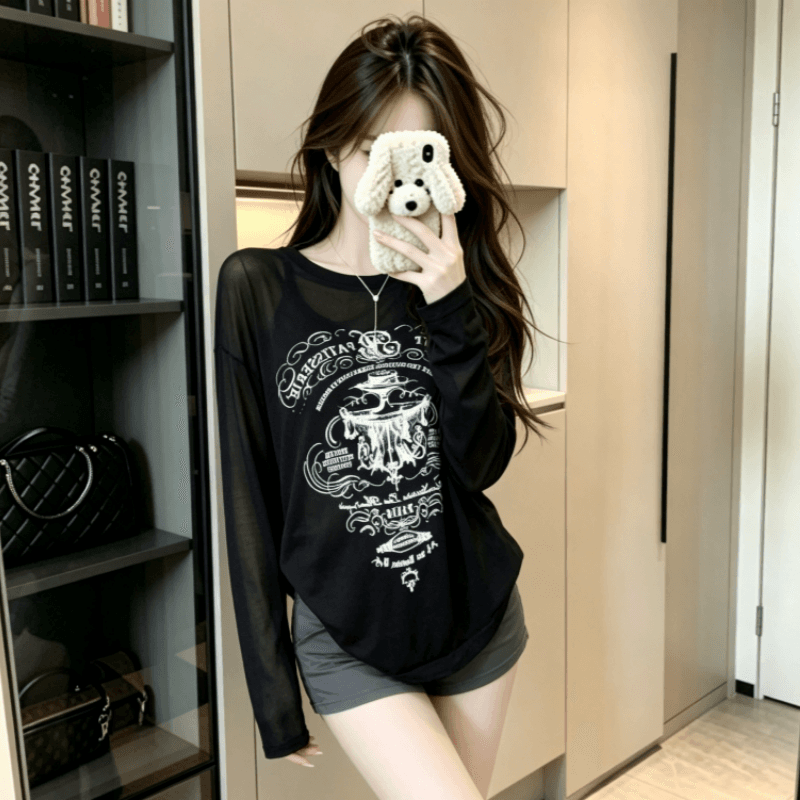 실사 아메리칸 레트로 느긋한 바람 알파벳 프린트 얇은 스타일 시스루 자외선 차단 티셔츠 여성 루즈핏 긴팔 에어컨 블라우스 상세 이미지 1