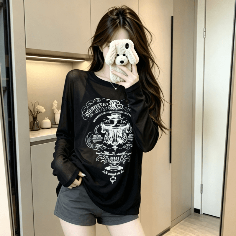 실사 아메리칸 레트로 느긋한 바람 알파벳 프린트 얇은 스타일 시스루 자외선 차단 티셔츠 여성 루즈핏 긴팔 에어컨 블라우스 상세 이미지 2