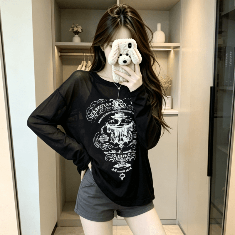 실사 아메리칸 레트로 느긋한 바람 알파벳 프린트 얇은 스타일 시스루 자외선 차단 티셔츠 여성 루즈핏 긴팔 에어컨 블라우스 상세 이미지 5