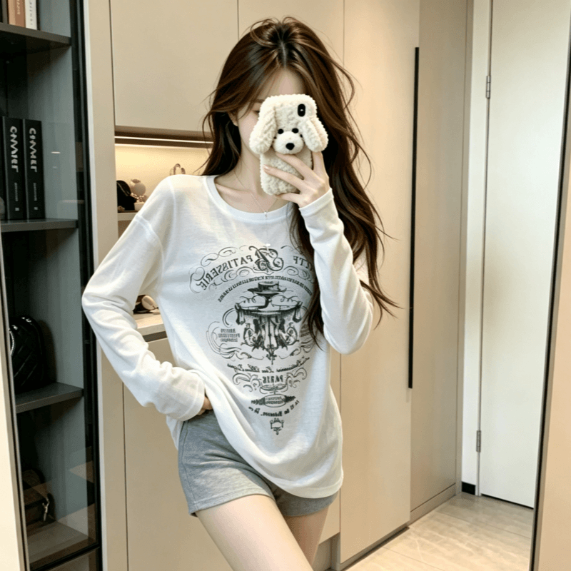 실사 아메리칸 레트로 느긋한 바람 알파벳 프린트 얇은 스타일 시스루 자외선 차단 티셔츠 여성 루즈핏 긴팔 에어컨 블라우스 상세 이미지 9