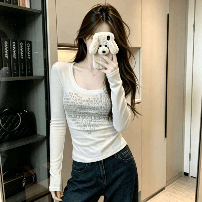 실사 하트 핫픽스 u 칼라 긍정적 인 어깨 긴팔 티셔츠 여성 가을 몸매 가꾸기 인사이드 가져 가라. 만나는 맨위 상세 이미지 2