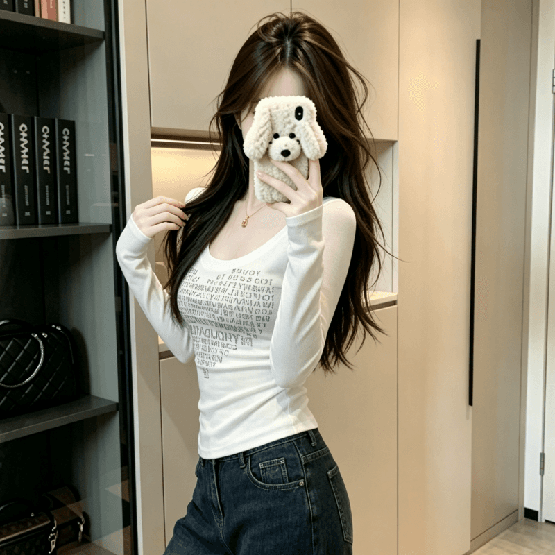 실사 하트 핫픽스 u 칼라 긍정적 인 어깨 긴팔 티셔츠 여성 가을 몸매 가꾸기 인사이드 가져 가라. 만나는 맨위 상세 이미지 5