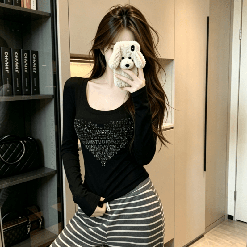 실사 하트 핫픽스 u 칼라 긍정적 인 어깨 긴팔 티셔츠 여성 가을 몸매 가꾸기 인사이드 가져 가라. 만나는 맨위 상세 이미지 6