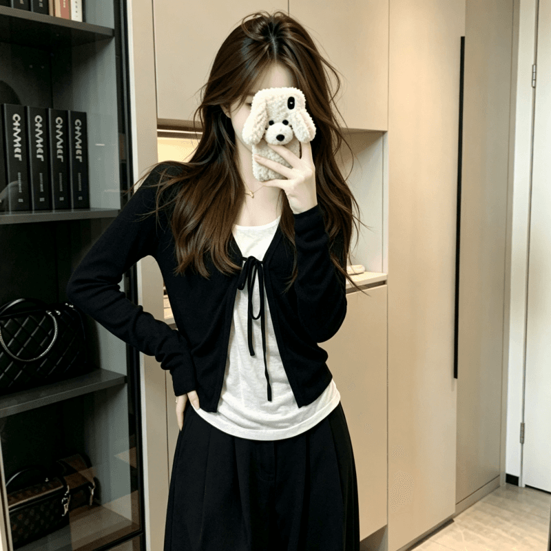 실사 검정색 V넥 레이스업 오픈 가디건 여성 가을 새로운 몸매 가꾸기 슬림해 보이는 쇼트 스타일 자외선 차단 재킷 이미지 5
