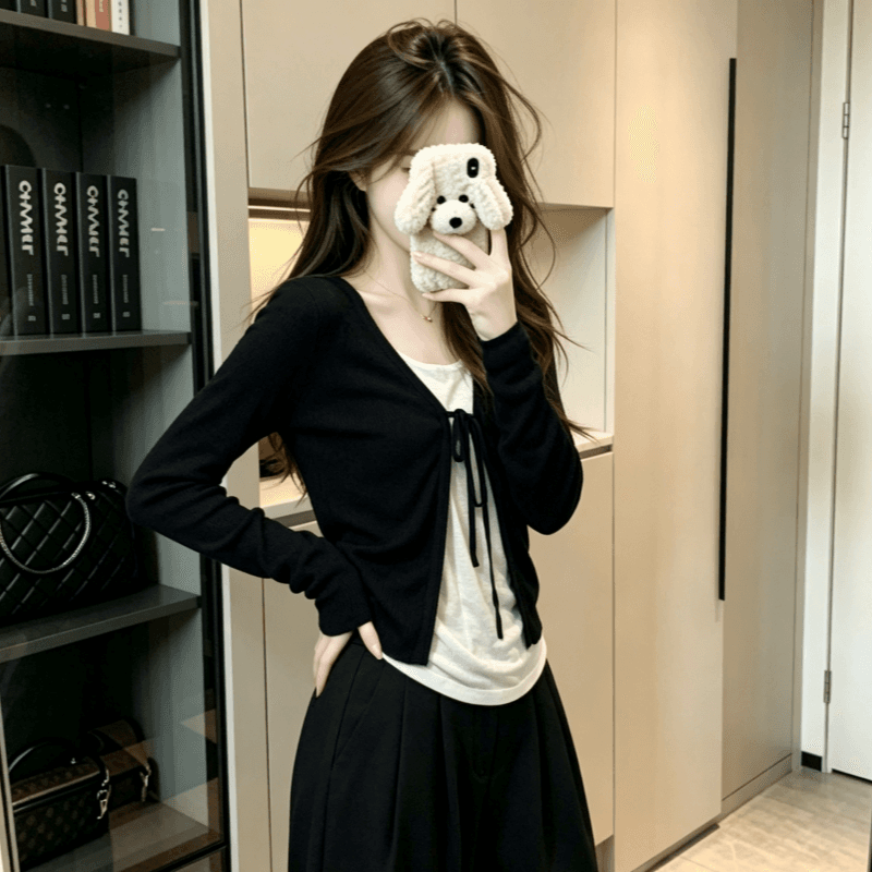 실사 검정색 V넥 레이스업 오픈 가디건 여성 가을 새로운 몸매 가꾸기 슬림해 보이는 쇼트 스타일 자외선 차단 재킷 이미지 3