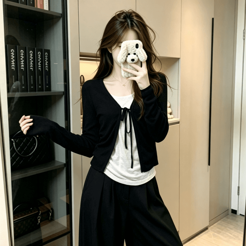 실사 검정색 V넥 레이스업 오픈 가디건 여성 가을 새로운 몸매 가꾸기 슬림해 보이는 쇼트 스타일 자외선 차단 재킷 상세 이미지 4