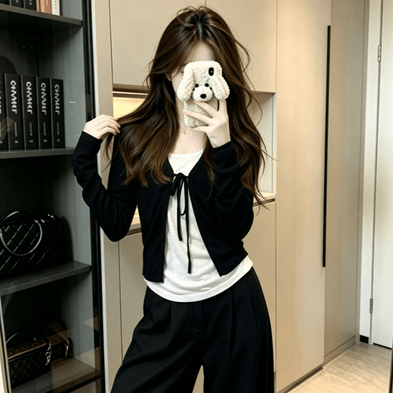 실사 검정색 V넥 레이스업 오픈 가디건 여성 가을 새로운 몸매 가꾸기 슬림해 보이는 쇼트 스타일 자외선 차단 재킷 상세 이미지 5