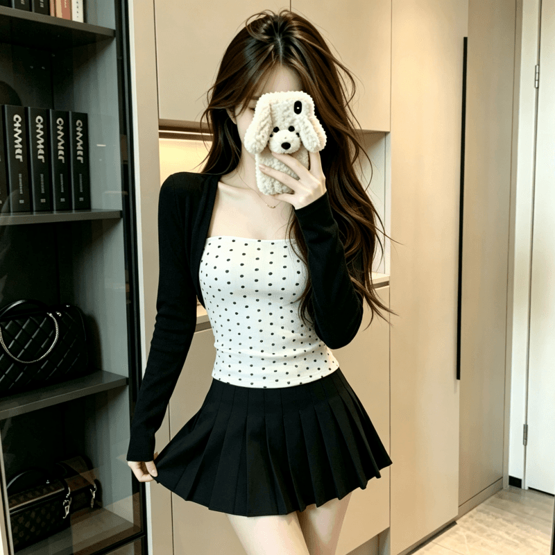 실사 도트 무늬 페이크 레이어드 어깨 긴팔 티셔츠 여성 인사이드 가져 가라. 기본 셔츠 몸매 가꾸기 허리 수축 맨위