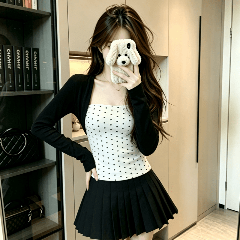 실사 도트 무늬 페이크 레이어드 어깨 긴팔 티셔츠 여성 인사이드 가져 가라. 기본 셔츠 몸매 가꾸기 허리 수축 맨위 이미지 2