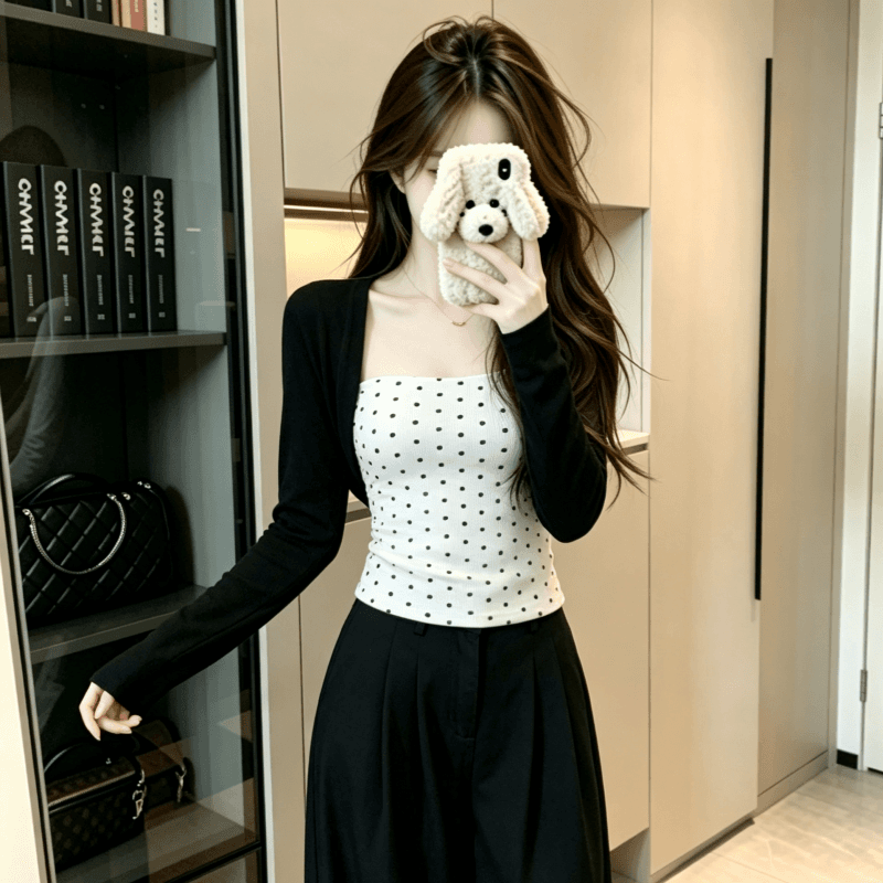 실사 도트 무늬 페이크 레이어드 어깨 긴팔 티셔츠 여성 인사이드 가져 가라. 기본 셔츠 몸매 가꾸기 허리 수축 맨위 이미지 4