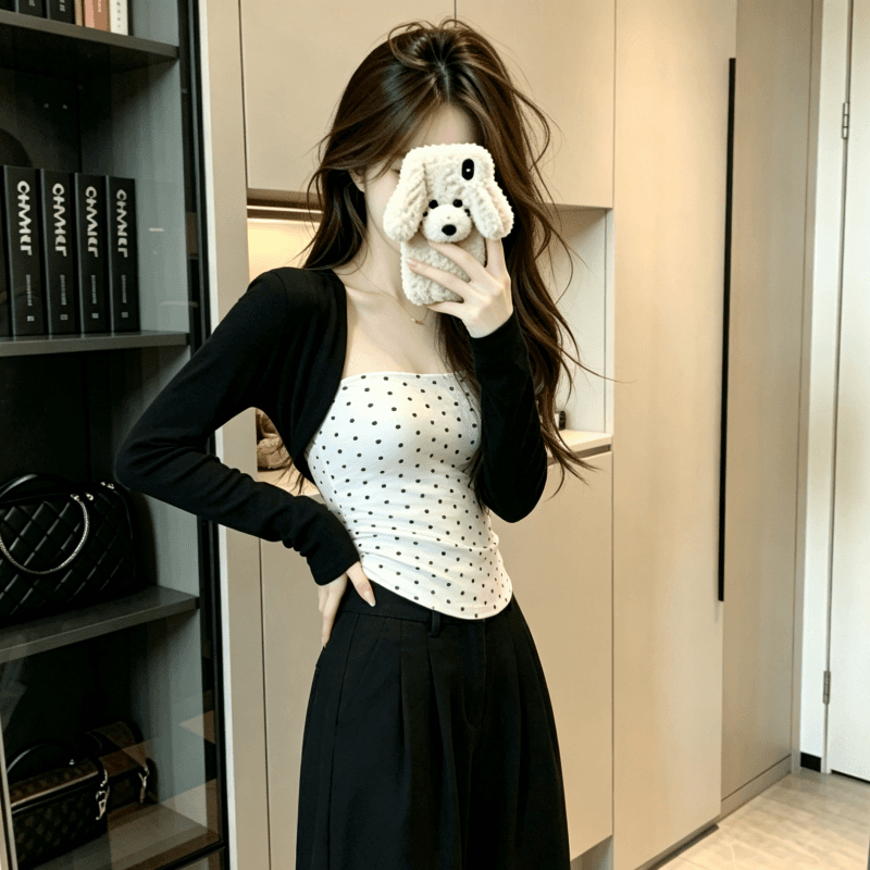 실사 도트 무늬 페이크 레이어드 어깨 긴팔 티셔츠 여성 인사이드 가져 가라. 기본 셔츠 몸매 가꾸기 허리 수축 맨위 이미지 5