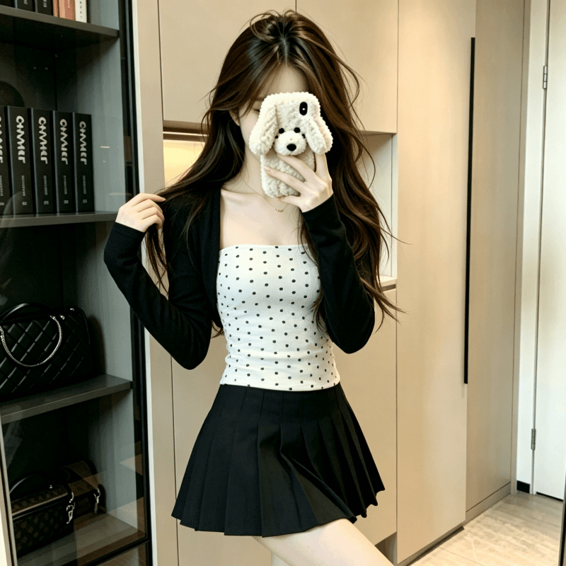 실사 도트 무늬 페이크 레이어드 어깨 긴팔 티셔츠 여성 인사이드 가져 가라. 기본 셔츠 몸매 가꾸기 허리 수축 맨위 상세 이미지 3