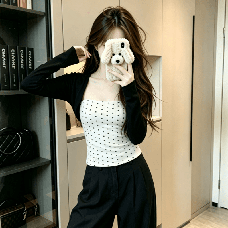 실사 도트 무늬 페이크 레이어드 어깨 긴팔 티셔츠 여성 인사이드 가져 가라. 기본 셔츠 몸매 가꾸기 허리 수축 맨위 상세 이미지 8