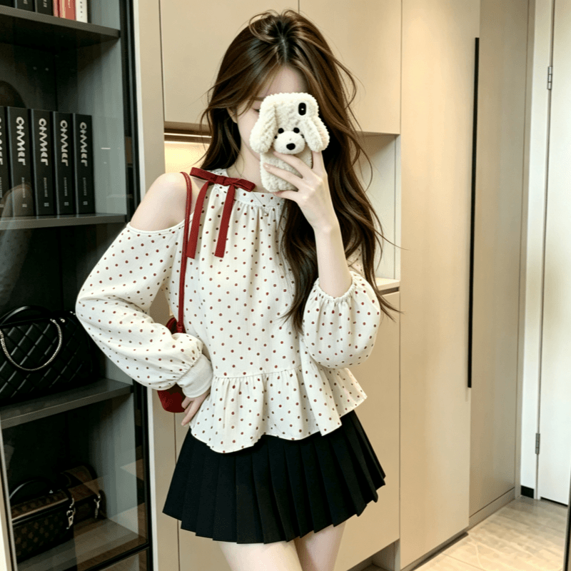 실사 오프숄더 나비 매듭 도트 무늬 여성 셔츠 봄 가을 디자인 센스 한 부서 품격 루즈핏 긴팔 맨위 이미지 5