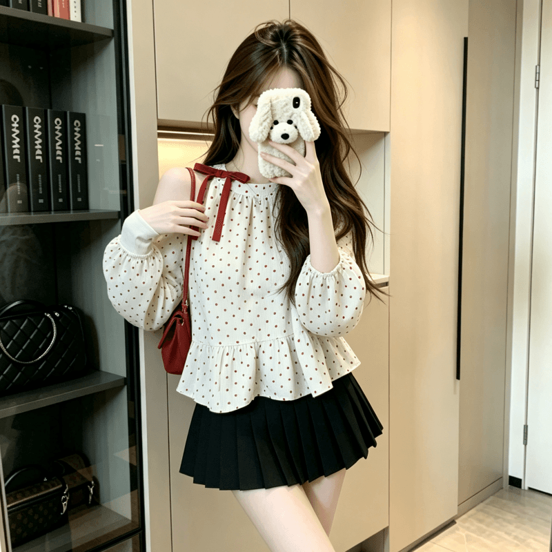 실사 오프숄더 나비 매듭 도트 무늬 여성 셔츠 봄 가을 디자인 센스 한 부서 품격 루즈핏 긴팔 맨위 상세 이미지 6