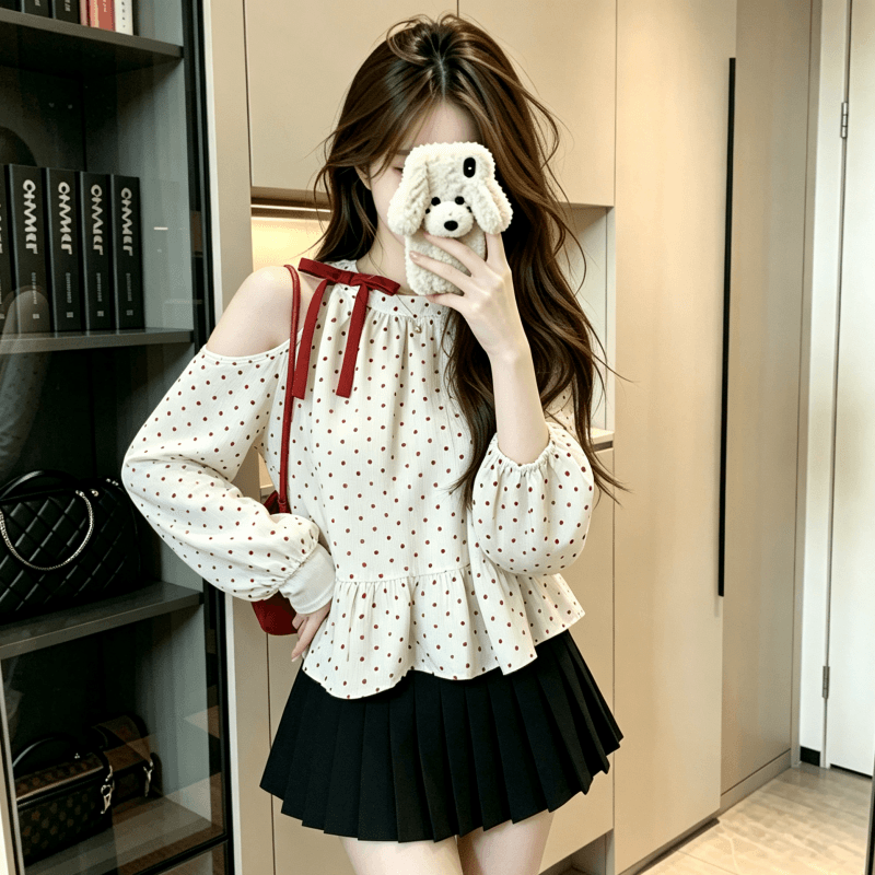 실사 오프숄더 나비 매듭 도트 무늬 여성 셔츠 봄 가을 디자인 센스 한 부서 품격 루즈핏 긴팔 맨위 상세 이미지 7