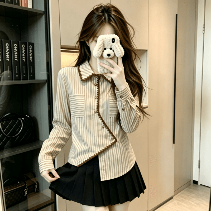 실사 프랑스식 불규칙 레트로 스트라이프 여성 셔츠 봄 가을 루즈핏 슬림해 보이는 표지 고기 Chic 셔츠 맨위 이미지 4
