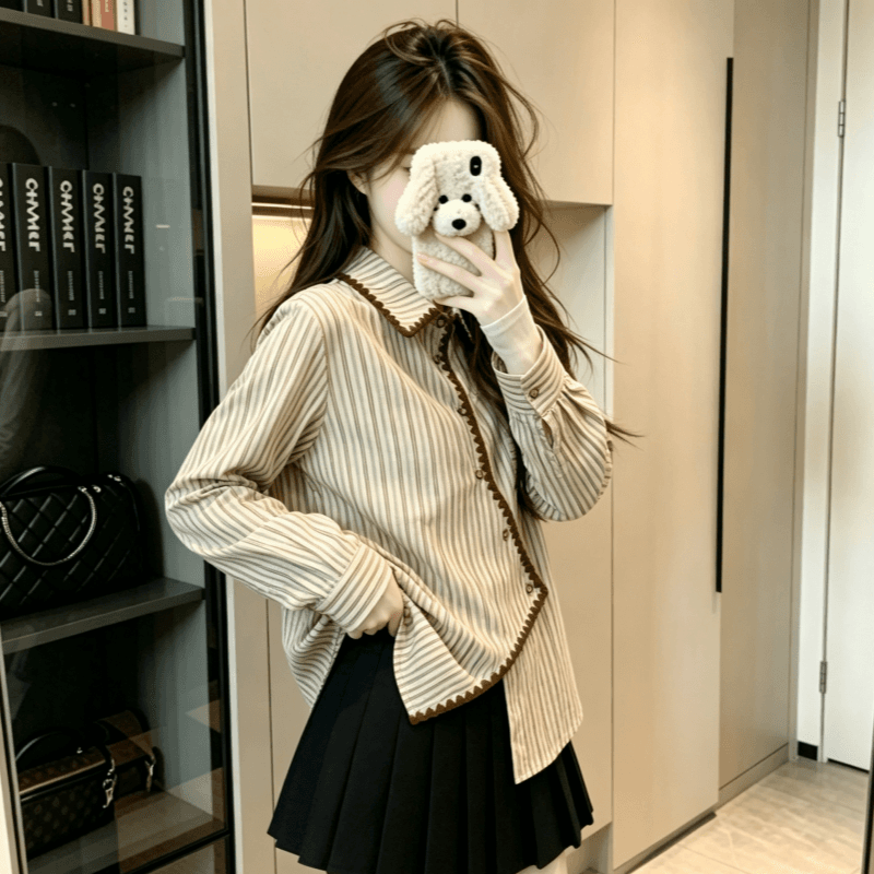 실사 프랑스식 불규칙 레트로 스트라이프 여성 셔츠 봄 가을 루즈핏 슬림해 보이는 표지 고기 Chic 셔츠 맨위 이미지 5