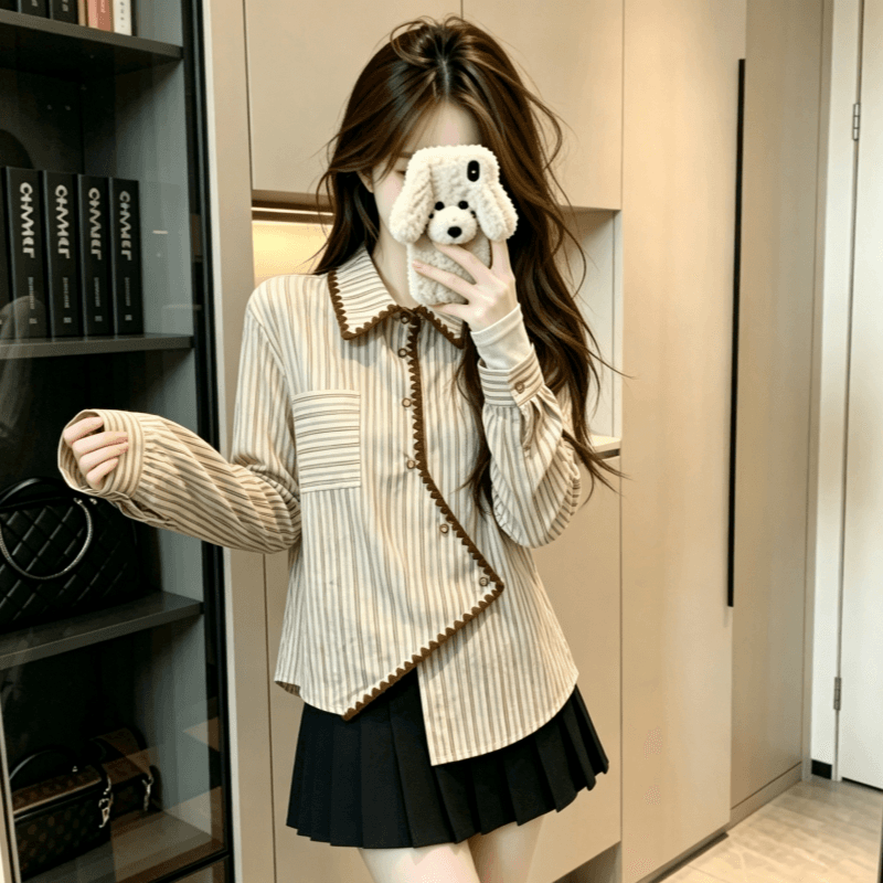 실사 프랑스식 불규칙 레트로 스트라이프 여성 셔츠 봄 가을 루즈핏 슬림해 보이는 표지 고기 Chic 셔츠 맨위