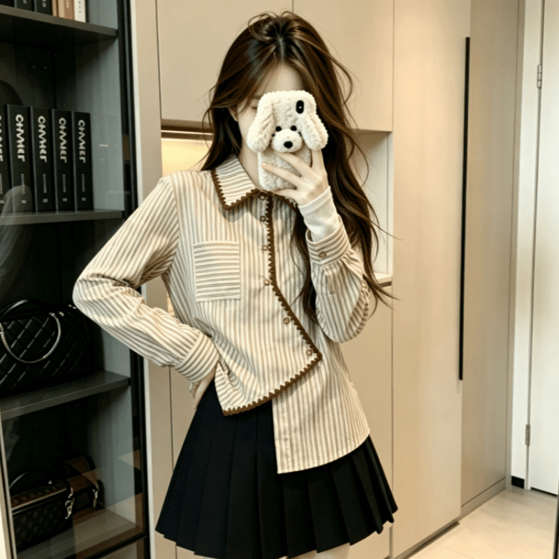 실사 프랑스식 불규칙 레트로 스트라이프 여성 셔츠 봄 가을 루즈핏 슬림해 보이는 표지 고기 Chic 셔츠 맨위 상세 이미지 2