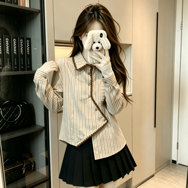 실사 프랑스식 불규칙 레트로 스트라이프 여성 셔츠 봄 가을 루즈핏 슬림해 보이는 표지 고기 Chic 셔츠 맨위 상세 이미지 3