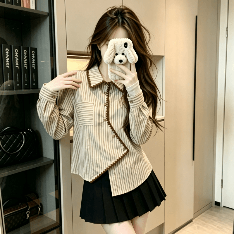 실사 프랑스식 불규칙 레트로 스트라이프 여성 셔츠 봄 가을 루즈핏 슬림해 보이는 표지 고기 Chic 셔츠 맨위 상세 이미지 5