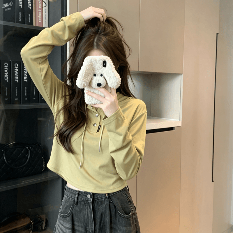 실사 가을 겨울철 새로운 여성 의류 기본 셔츠 디자인 센스 작은 대중 패션 개성 단색 후드 풀오버 맨위 이미지 2