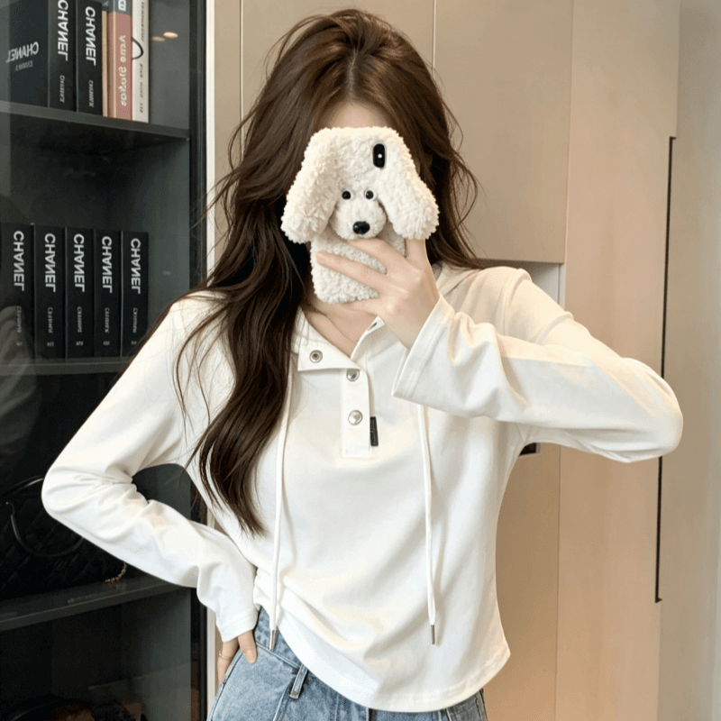 실사 가을 겨울철 새로운 여성 의류 기본 셔츠 디자인 센스 작은 대중 패션 개성 단색 후드 풀오버 맨위 이미지 3