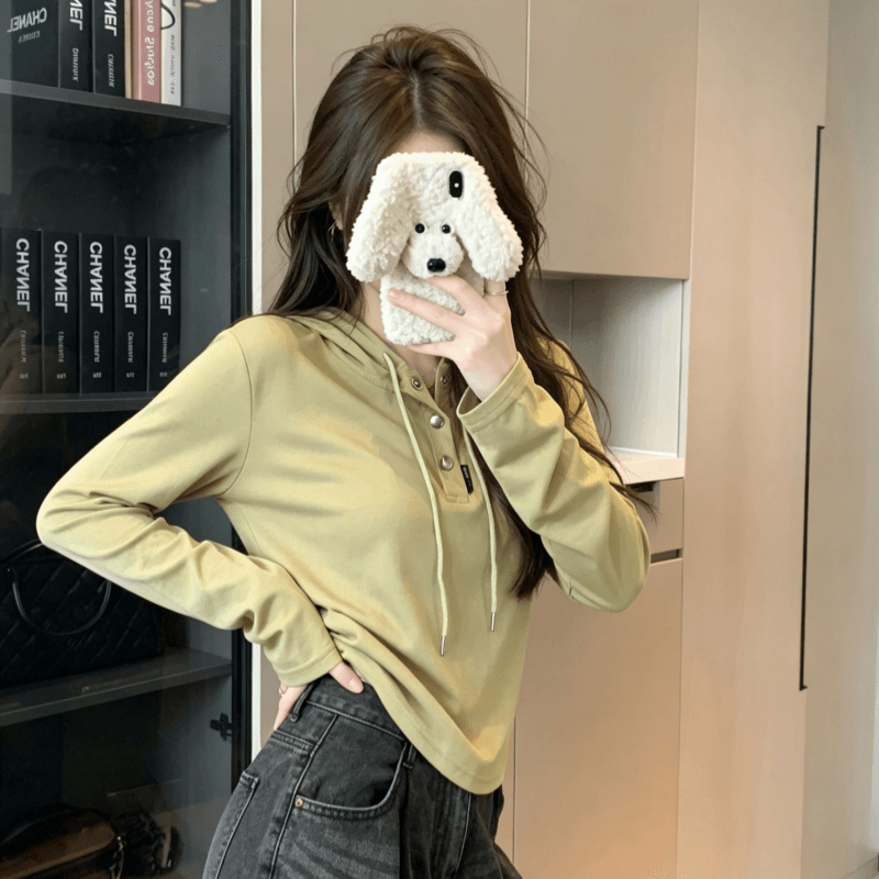 실사 가을 겨울철 새로운 여성 의류 기본 셔츠 디자인 센스 작은 대중 패션 개성 단색 후드 풀오버 맨위 상세 이미지 3