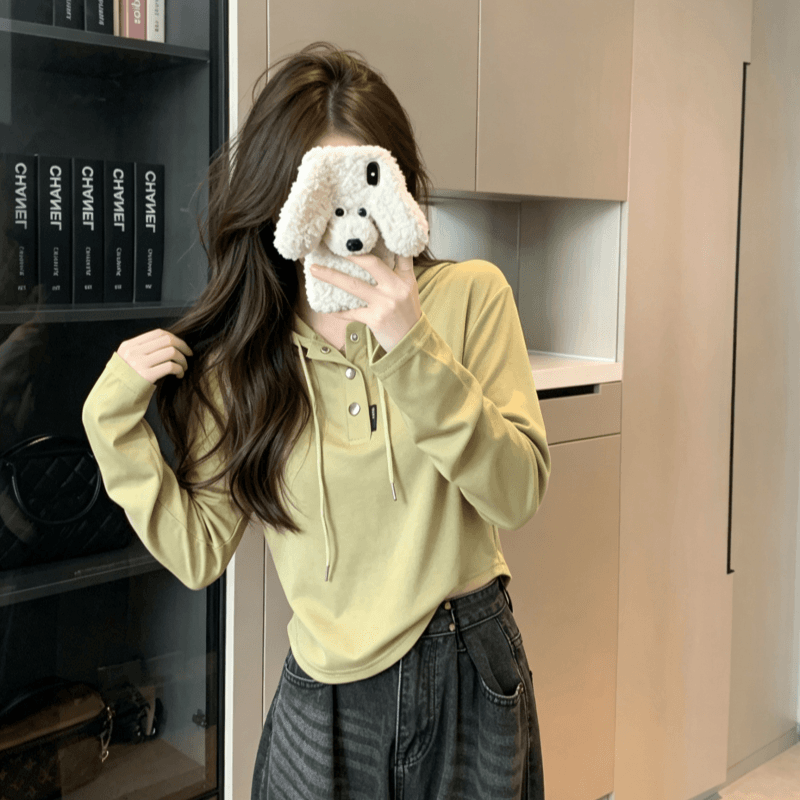 실사 가을 겨울철 새로운 여성 의류 기본 셔츠 디자인 센스 작은 대중 패션 개성 단색 후드 풀오버 맨위 상세 이미지 7