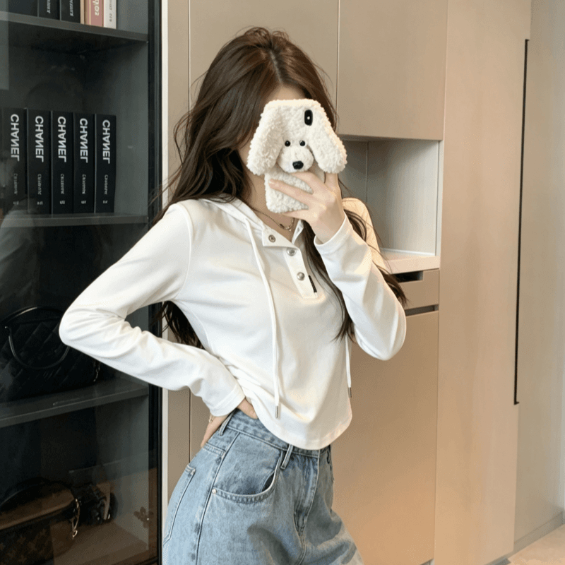 실사 가을 겨울철 새로운 여성 의류 기본 셔츠 디자인 센스 작은 대중 패션 개성 단색 후드 풀오버 맨위 상세 이미지 12