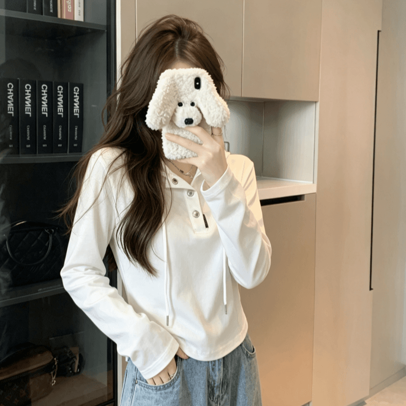 실사 가을 겨울철 새로운 여성 의류 기본 셔츠 디자인 센스 작은 대중 패션 개성 단색 후드 풀오버 맨위 상세 이미지 13