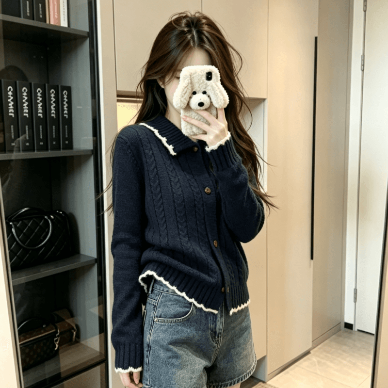 실사 북극 플러시 긴팔 맨위 니트 스웨터 여성 가을 겨울 자카드 카디건 코트 POLO 칼라 보온 스웨터 이미지 2