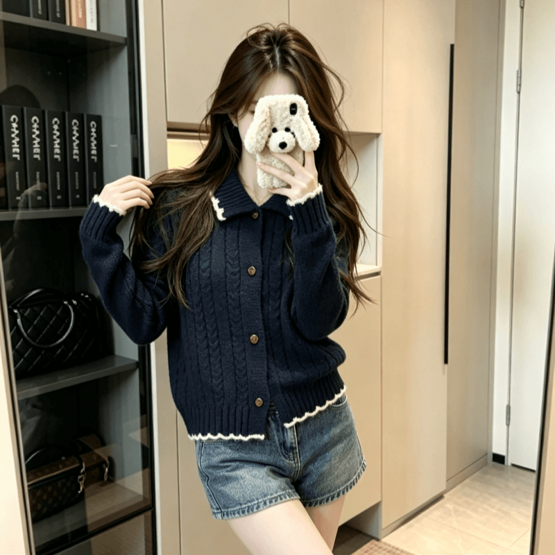 실사 북극 플러시 긴팔 맨위 니트 스웨터 여성 가을 겨울 자카드 카디건 코트 POLO 칼라 보온 스웨터 상세 이미지 1