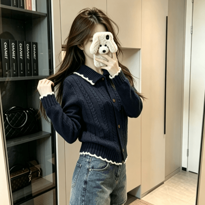 실사 북극 플러시 긴팔 맨위 니트 스웨터 여성 가을 겨울 자카드 카디건 코트 POLO 칼라 보온 스웨터 상세 이미지 4