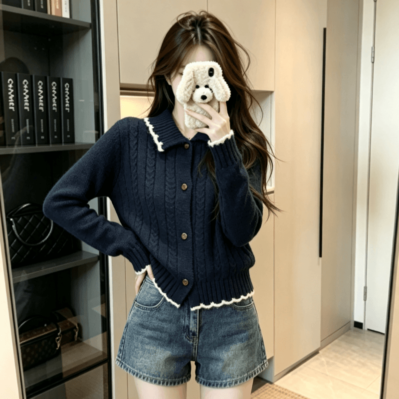 실사 북극 플러시 긴팔 맨위 니트 스웨터 여성 가을 겨울 자카드 카디건 코트 POLO 칼라 보온 스웨터 상세 이미지 6
