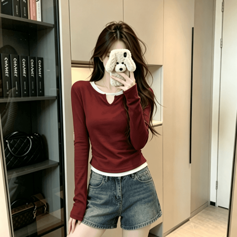 실사 페이크 레이어드 V넥 긍정적 인 어깨 긴팔 티셔츠 여성 가을 몸매 가꾸기 허리 수축 쇼트 스타일 인사이드 가져 가라. 기본 셔츠 이른 가을 맨위 상세 이미지 5