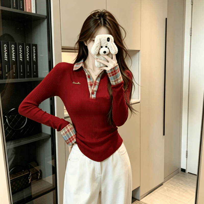 실사 페이크 레이어드 체크무늬 패치워크 POLO 칼라 긴팔 티셔츠 여성 가을 핫걸 맨위 이미지 4