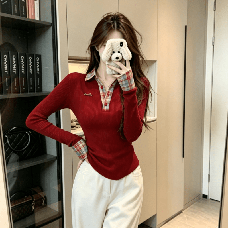 실사 페이크 레이어드 체크무늬 패치워크 POLO 칼라 긴팔 티셔츠 여성 가을 핫걸 맨위 이미지 3