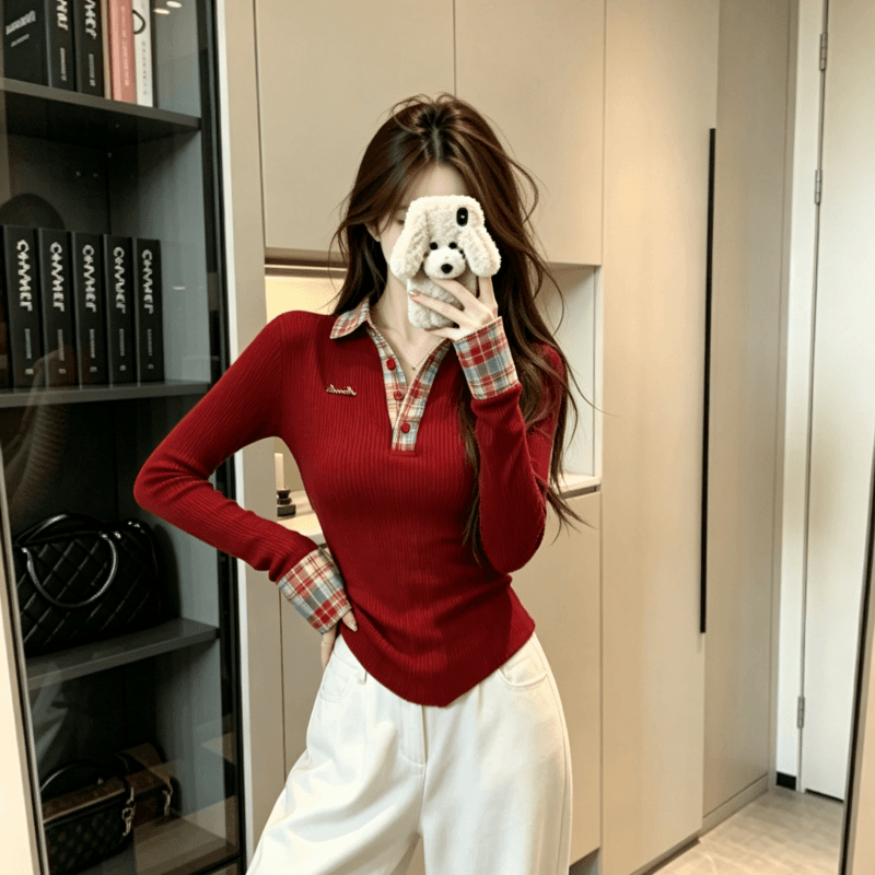실사 페이크 레이어드 체크무늬 패치워크 POLO 칼라 긴팔 티셔츠 여성 가을 핫걸 맨위 상세 이미지 3