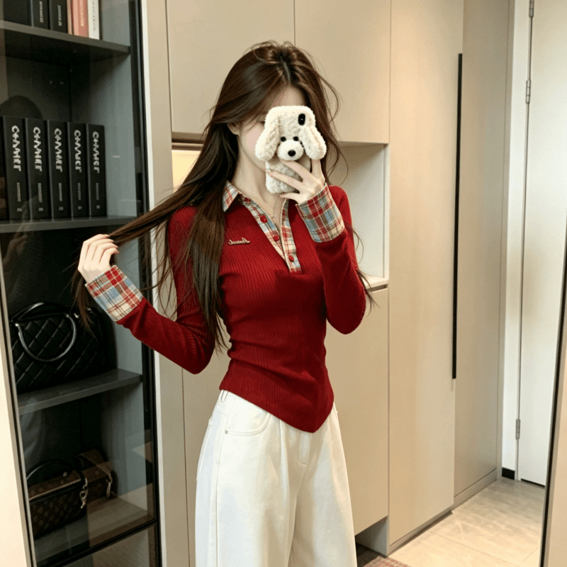실사 페이크 레이어드 체크무늬 패치워크 POLO 칼라 긴팔 티셔츠 여성 가을 핫걸 맨위 상세 이미지 4