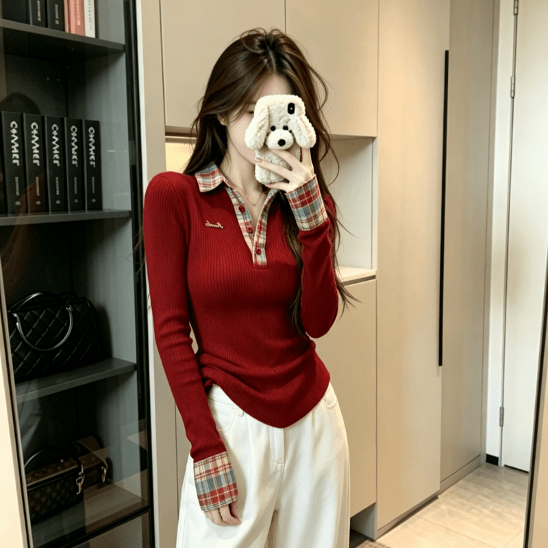 실사 페이크 레이어드 체크무늬 패치워크 POLO 칼라 긴팔 티셔츠 여성 가을 핫걸 맨위 상세 이미지 7