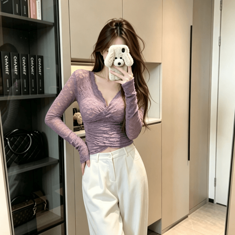 실사 순수한 욕망 바람 품격 V넥 긴팔 레이스 셔츠 여성 의류 새로운 가을 몸매 가꾸기 슬림해 보이는 작은 대중 다용도 맨위 이미지 3