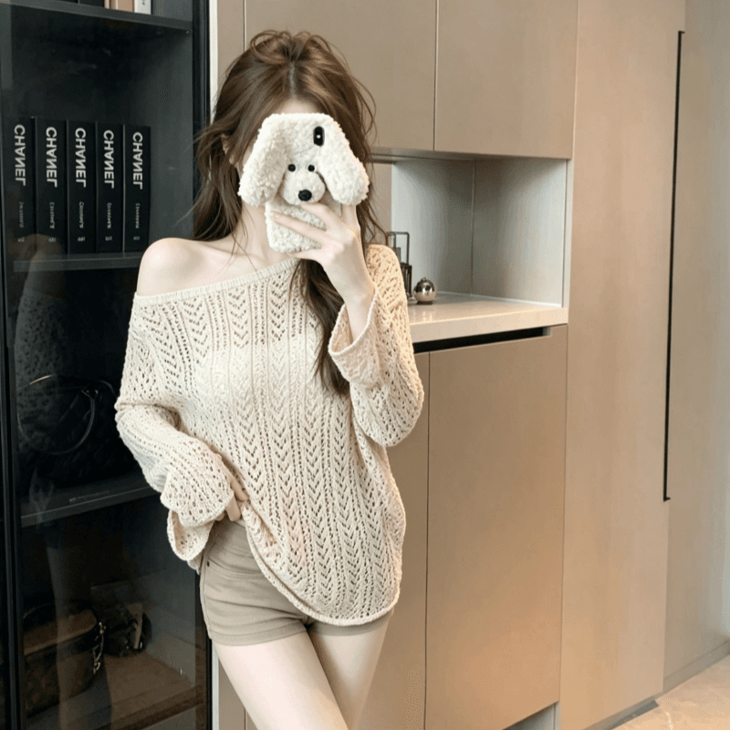 실사 디자인 센스 라운드 넥 홀로우 아웃 니트 스웨터 여성 느긋한 루즈핏 마이크로 ~을 통해 긴팔 블라우스 이미지 4