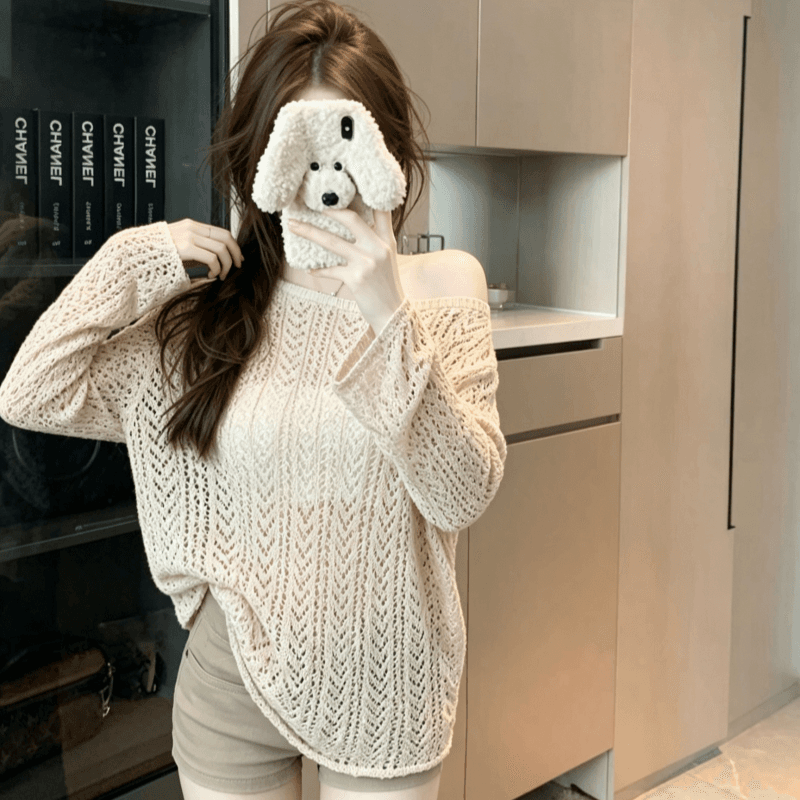 실사 디자인 센스 라운드 넥 홀로우 아웃 니트 스웨터 여성 느긋한 루즈핏 마이크로 ~을 통해 긴팔 블라우스 상세 이미지 4