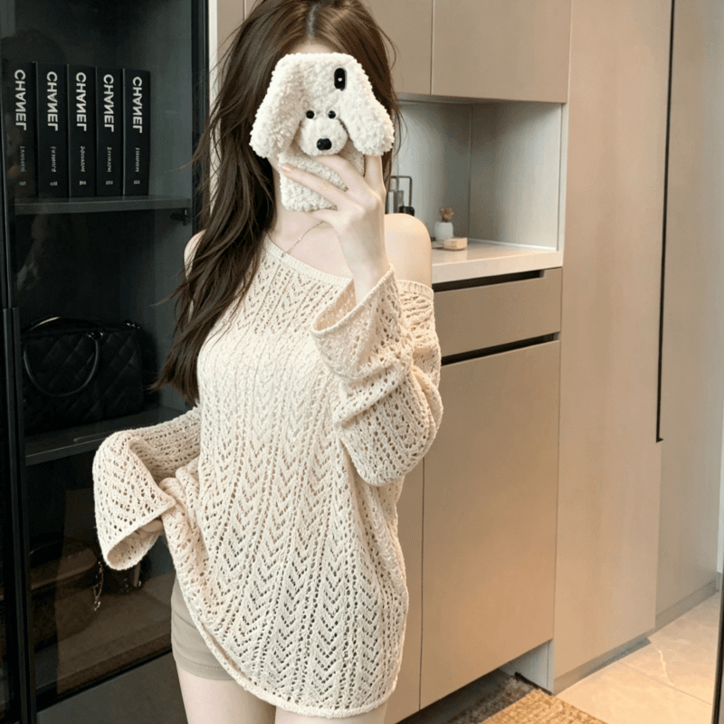 실사 디자인 센스 라운드 넥 홀로우 아웃 니트 스웨터 여성 느긋한 루즈핏 마이크로 ~을 통해 긴팔 블라우스 상세 이미지 8
